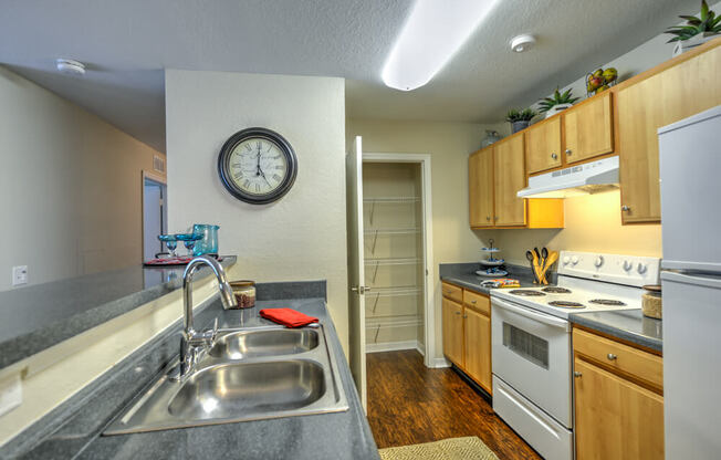 A kitchen with a clock on the wall and a sink with a red sponge.