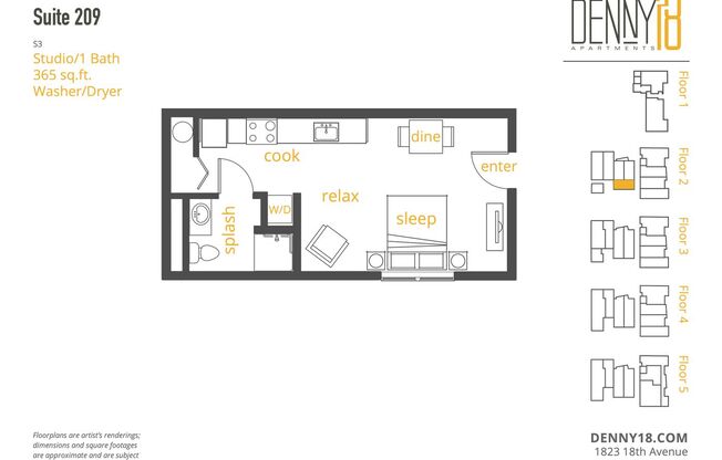 Studio, 1 bath, 389 sqft, $1,495, Unit 209
