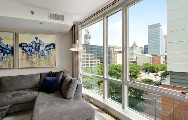 Floor to ceiling windows with a city view at The Zenith, Baltimore