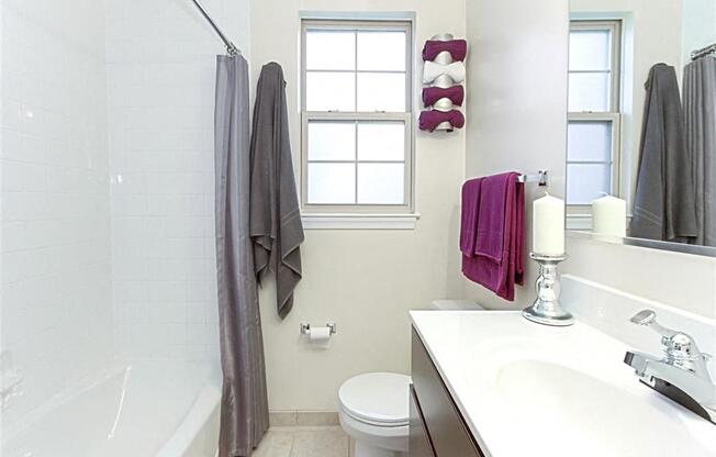 bathroom with tub, vanity, toilet and window at fairway park apartments in washington dc