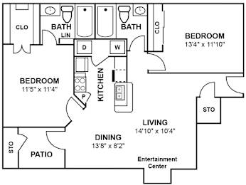 2 beds, 2 baths, 973 sqft, $1,724