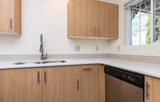 Light filled kitchen with upgraded hardware and stainless steel kitchen sink