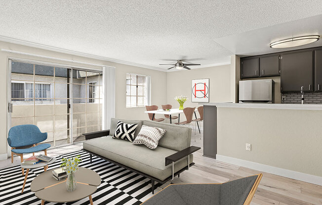 Living room with hardwood floor and view of dining room and kitchen area.