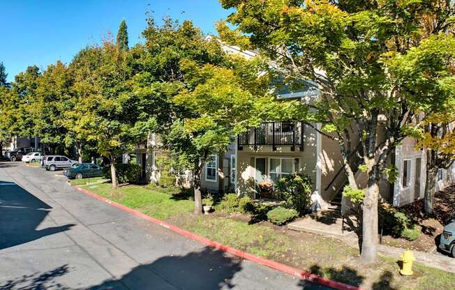 an empty street in front of an apartment building with trees