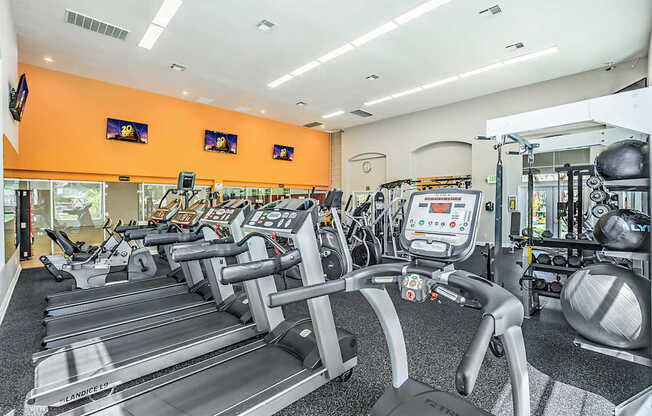 A gym with treadmills and exercise equipment.