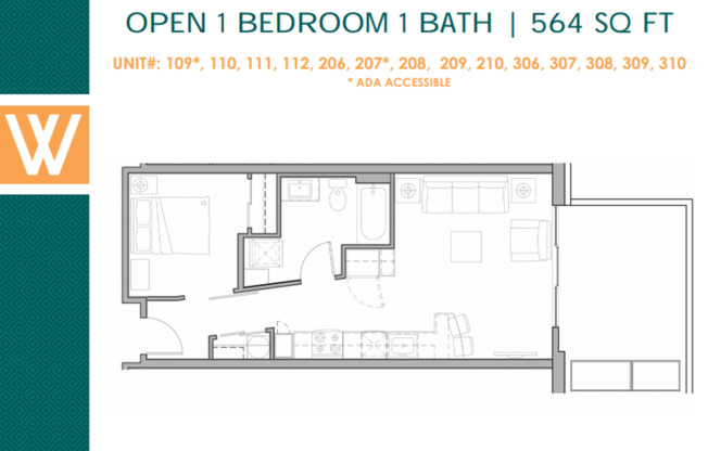 1 bed, 1 bath, 564 sqft, $2,299, Unit 308