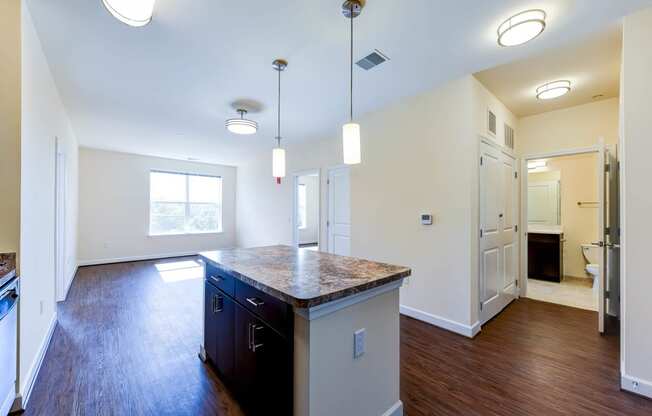 kitchen with island, stainless steel appliances, view of living area and hardwood flooring at archer park apartments in southeast Washington dc