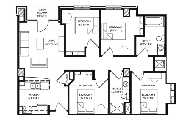 4 beds, 2 baths, 1,111 sqft, $5,400, Unit 114