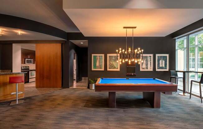 Clubroom with billiards and bar seating