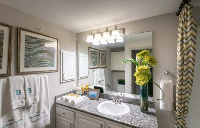 This is a photo of the bathroom of the 826 square foot 1 bedroom apartment at The Brownstones Townhome Apartments in Dallas, TX.