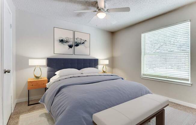 A bedroom with a bed, a bench, and two lamps.