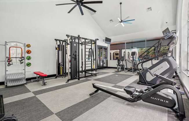 A gym with a variety of equipment including a treadmill, a bench, and a weight rack.