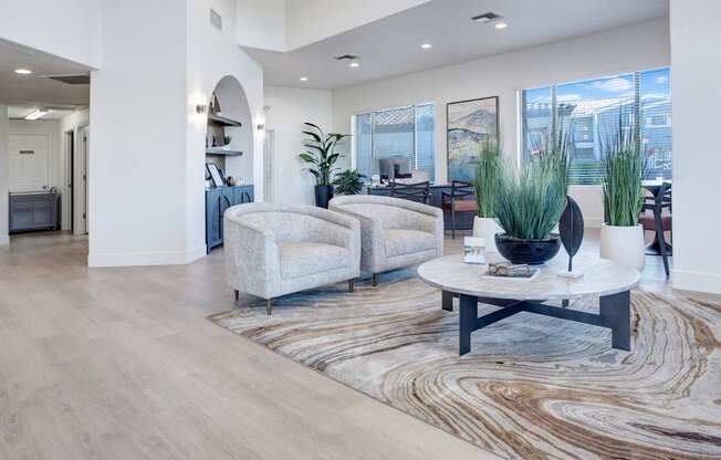 A bright and welcoming clubhouse lounge here at Pala Mesa featuring two upholstered accent chairs arranged around a round coffee table atop a patterned area rug. Large windows bring in natural light, while wood-style flooring, built-in shelving, greenery, and a nearby workspace create a comfortable and inviting community gathering space.