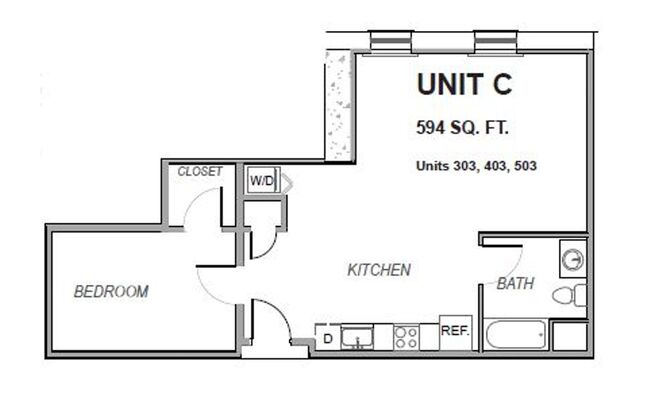 1 bed, 1 bath, 594 sqft, $950, Unit 403