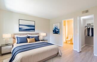 a bedroom with a bed and a closet and a bathroom