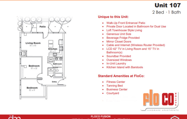 2 beds, 1 bath, 793 sqft, $1,880, Unit 107