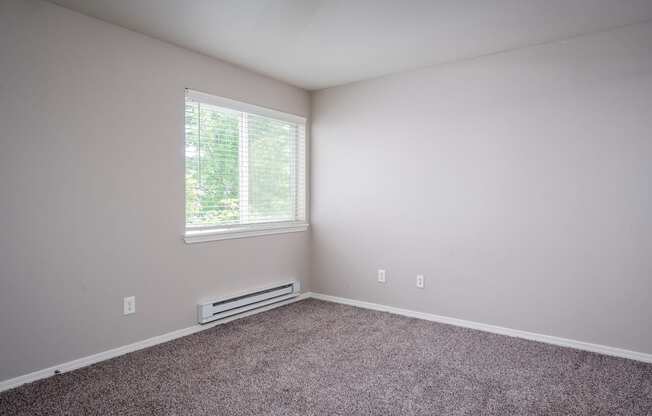 a bedroom with gray walls and a window