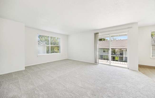 A room with a carpeted floor and a sliding glass door leading to a balcony.