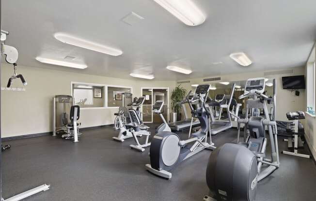 a gym with cardio machines and weights on the floor