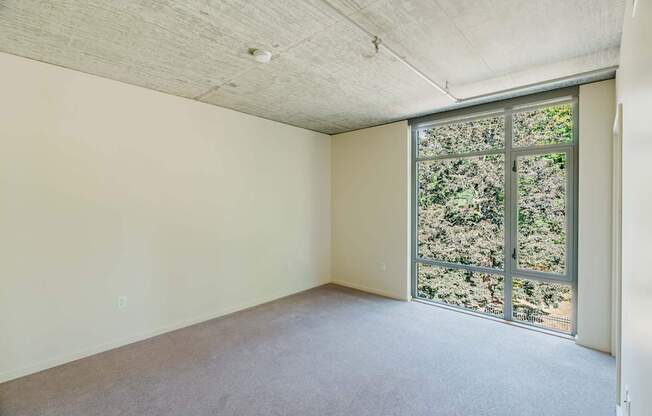 Empty room with a window overlooking a tree-filled landscape.