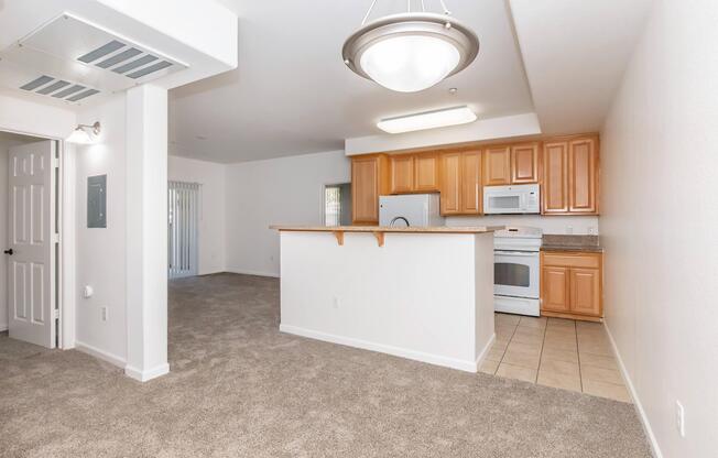 A spacious living area featuring carpet flooring and a well-lit kitchen with wooden cabinets and white appliances. The open layout connects the living room to the kitchen, which has a breakfast bar. Natural light enters through a window, enhancing the inviting atmosphere.