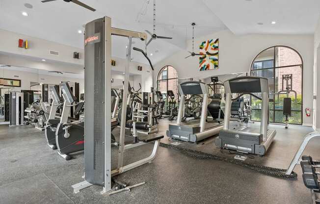 A gym with treadmills and elliptical machines.