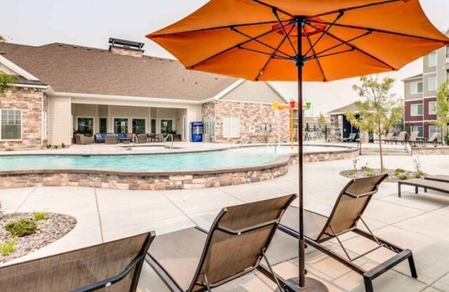 Pool area with tanning chairs and umbrellas
