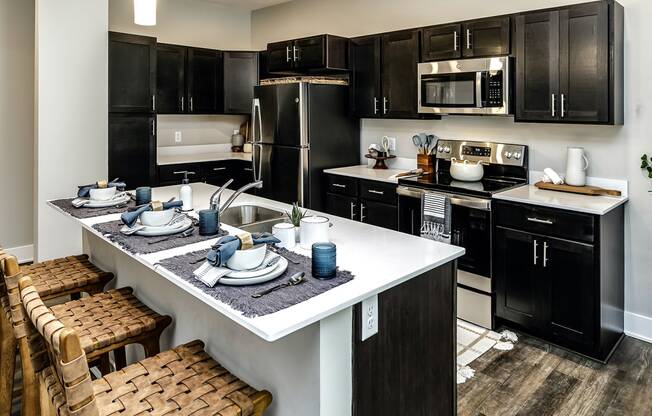 Large kitchens with quarts countertops at The Westline at Flanagan Lake in Omaha, NE