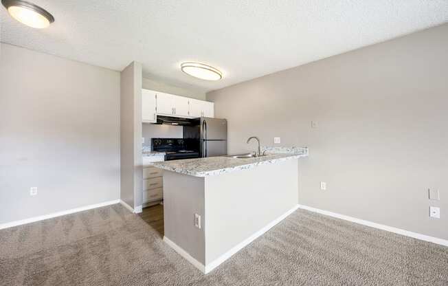 an empty living room and kitchen with a granite counter top