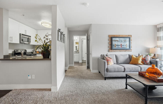 A living room with a grey couch and a coffee table.
