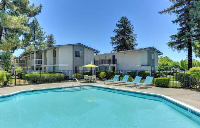 Swimming pool with lounge chairs.  Property buildings in the background and trees. at Renaissance Park Apartments, California