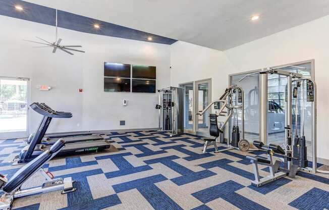 A spacious gym with a variety of equipment and a blue and white patterned carpet.