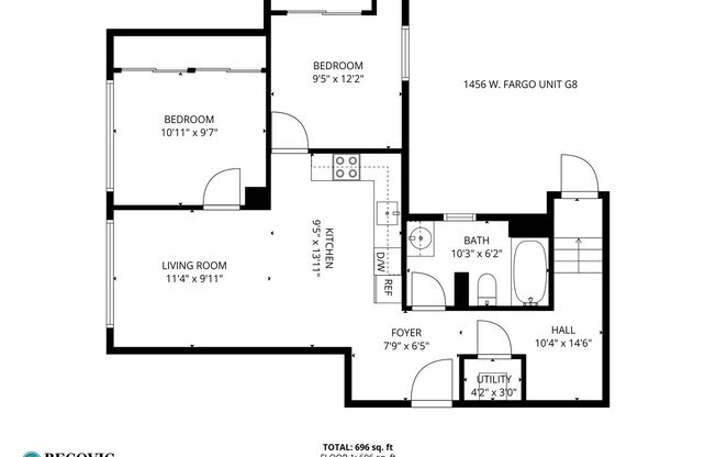 2 beds, 1 bath, 696 sqft, $1,995, Unit 1456-G8