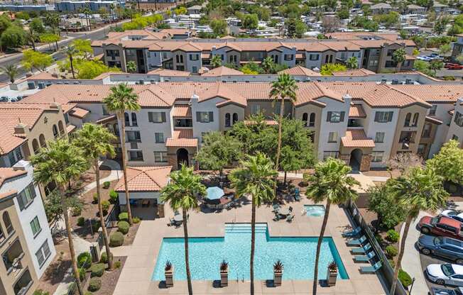 A swimming pool surrounded by palm trees and apartment buildings.