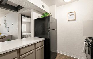 a kitchen with a refrigerator and a sink