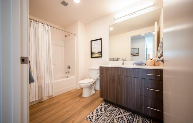 a bathroom with a wooden floor and a sink and a toiletat Scouter's Mountain, Oregon, 97086