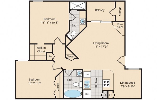 2 beds, 2 baths, 927 sqft, $1,239