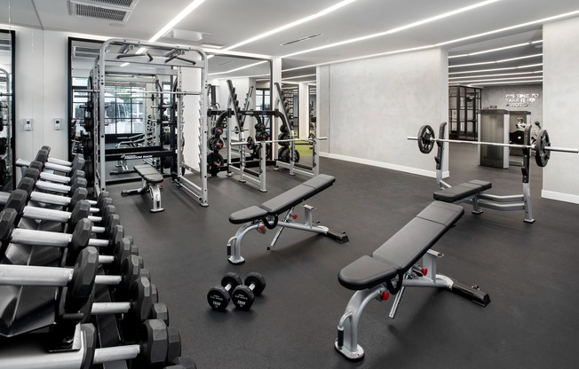 Weight stations at the club-quality fitness center