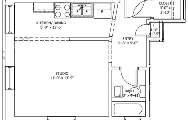 Studio, 1 bath, 450 sqft, $895, Unit 107