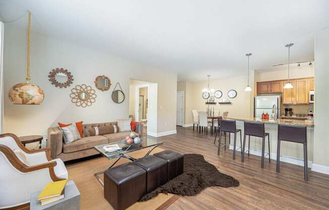 a living room with a couch and a table