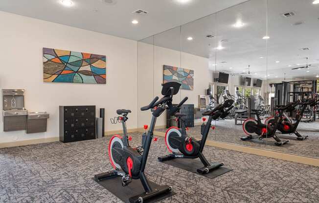 Two exercise bikes are in a room with a mirror.