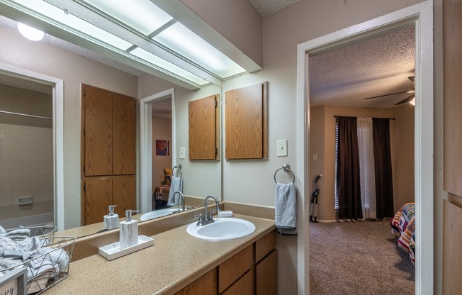 A bathroom with a sink, mirror, and lighting.