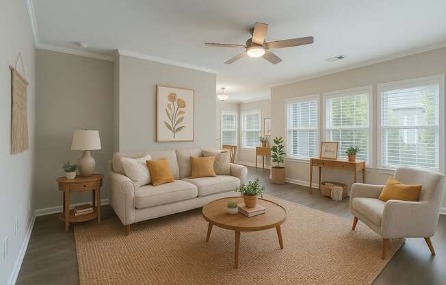 A living room with a couch, a chair, a coffee table, and a ceiling fan.