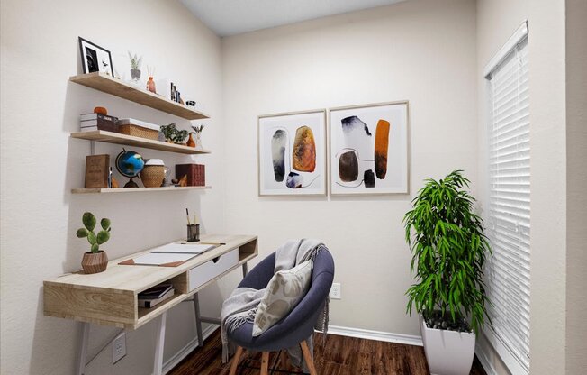 a home office with two paintings on the wall