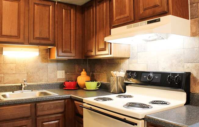 a kitchen with a stove and a sink