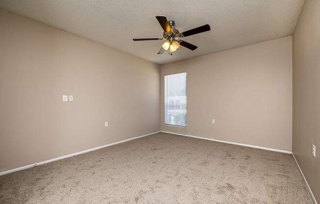 A room with a ceiling fan and carpeted floor.