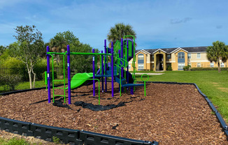 Green and blue Playground set with monkey bars in a bed of mulch with buildings and palm tree in the background