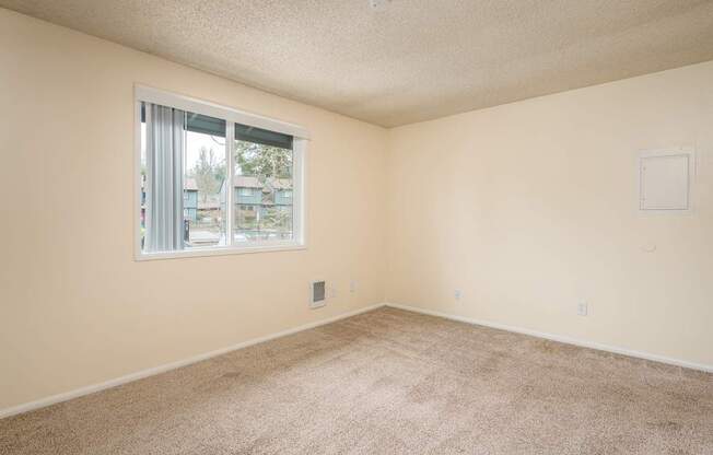 A room with a carpeted floor and a window with white curtains.