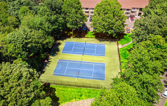 an aerial view of a tennis court on a green lawn