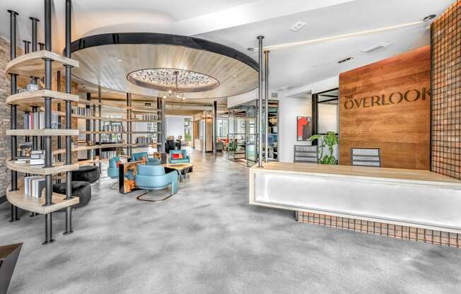 a rendering of the lobby of overlock bookstore with a reception desk and shelving at The Overlook, Winter Garden, FL, 34787